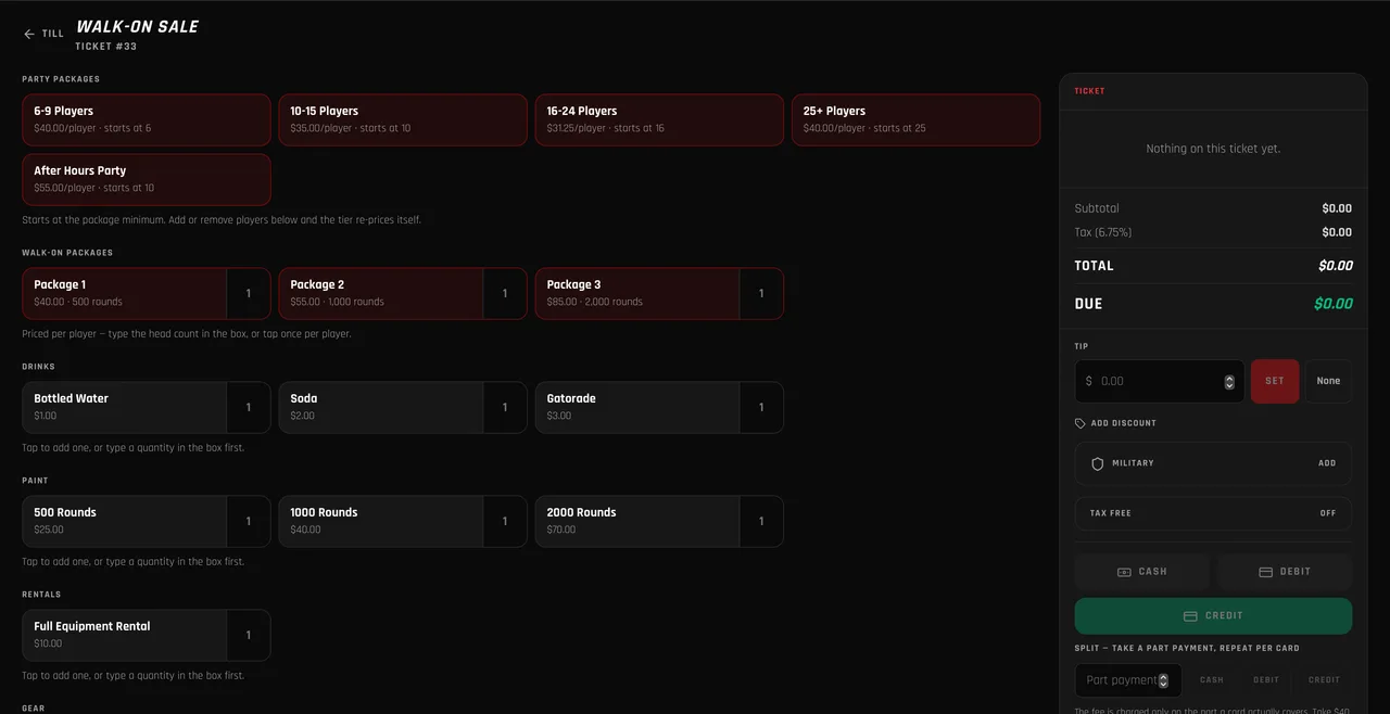 Custom point of sale built for Angelo Paintball, showing packages, tax and split card payments