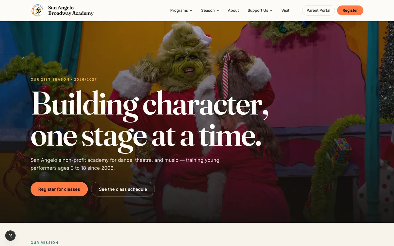 Home page of the San Angelo Broadway Academy website built by Hixclipz Media