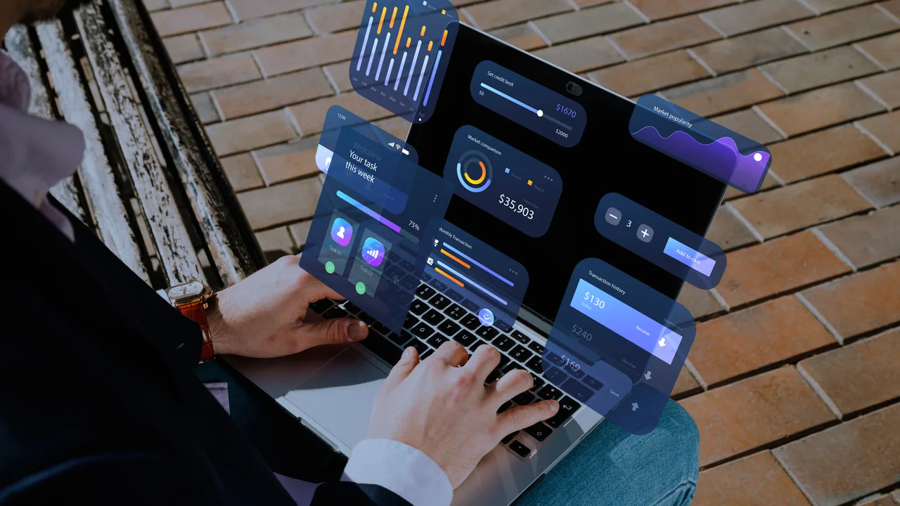 Website performance dashboard panels floating above a laptop screen
